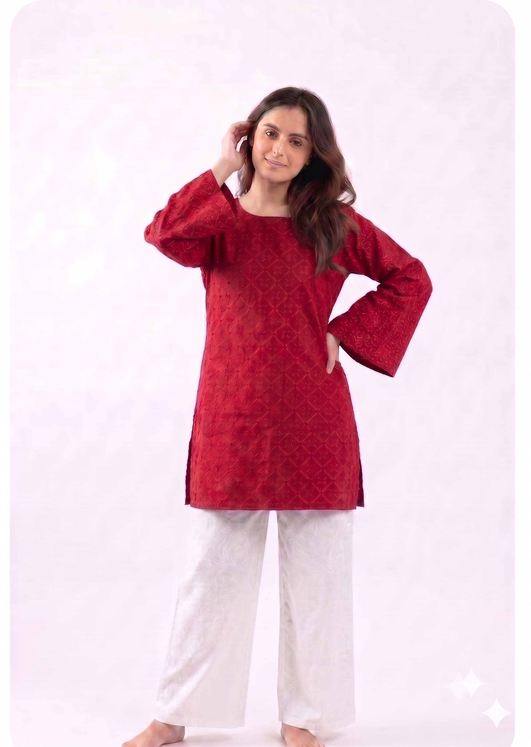 Red Embroidered with White Trouser- CW95