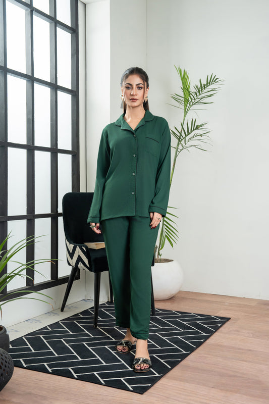 Plain Pine Green Winter Silk PJ - SPJ1