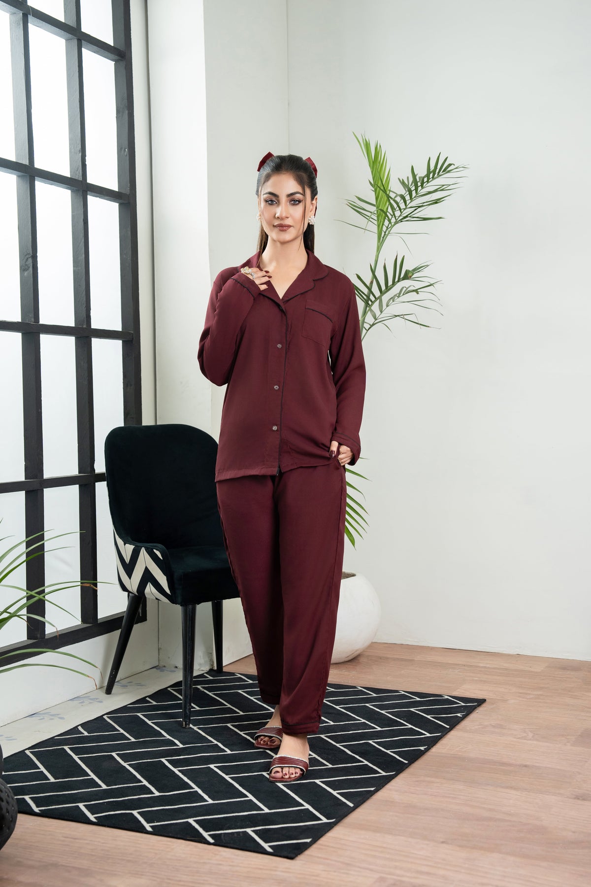 Plain Maroon Silk PJ - SPJ35