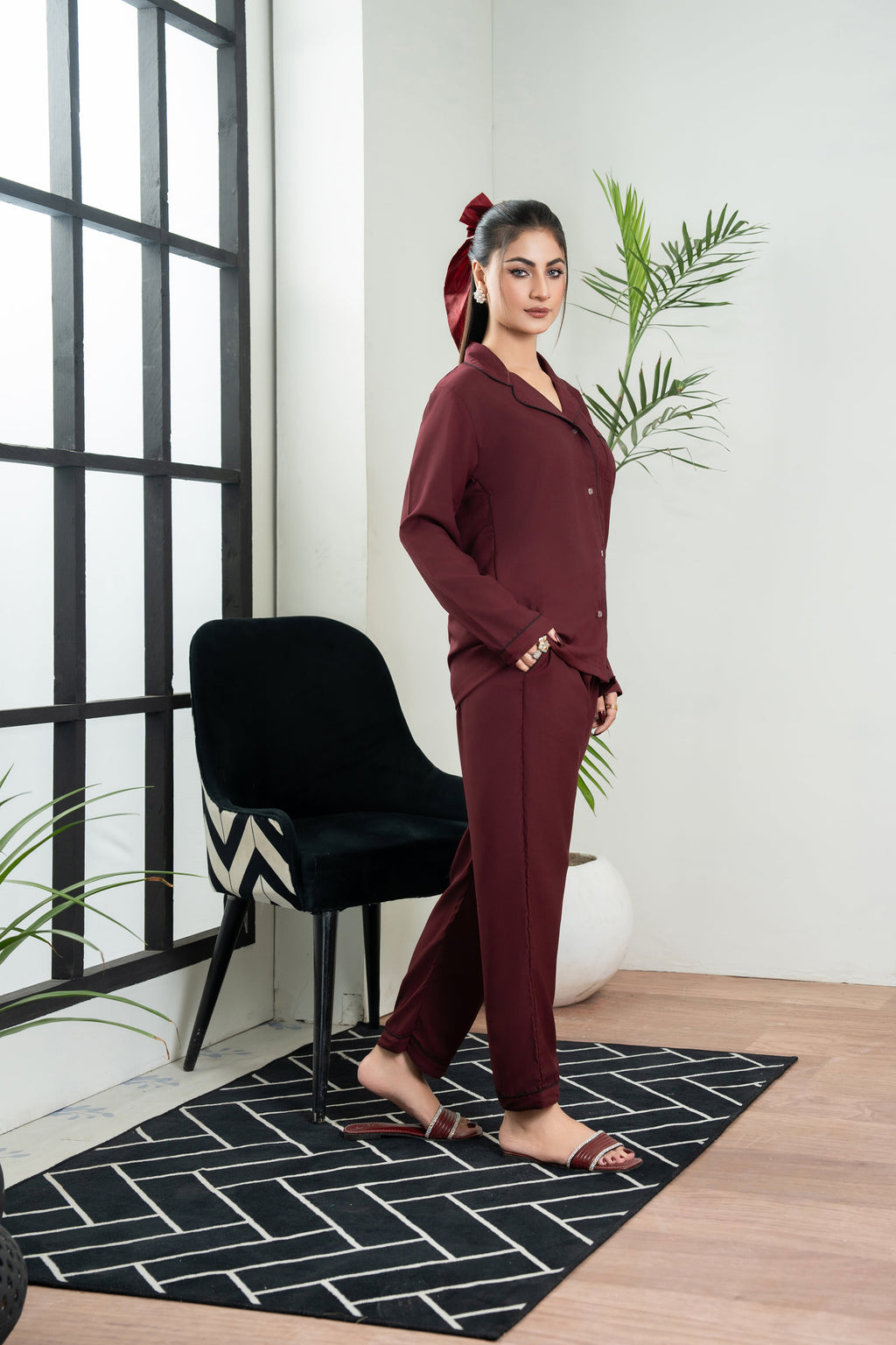 Plain Maroon Silk PJ - SPJ35