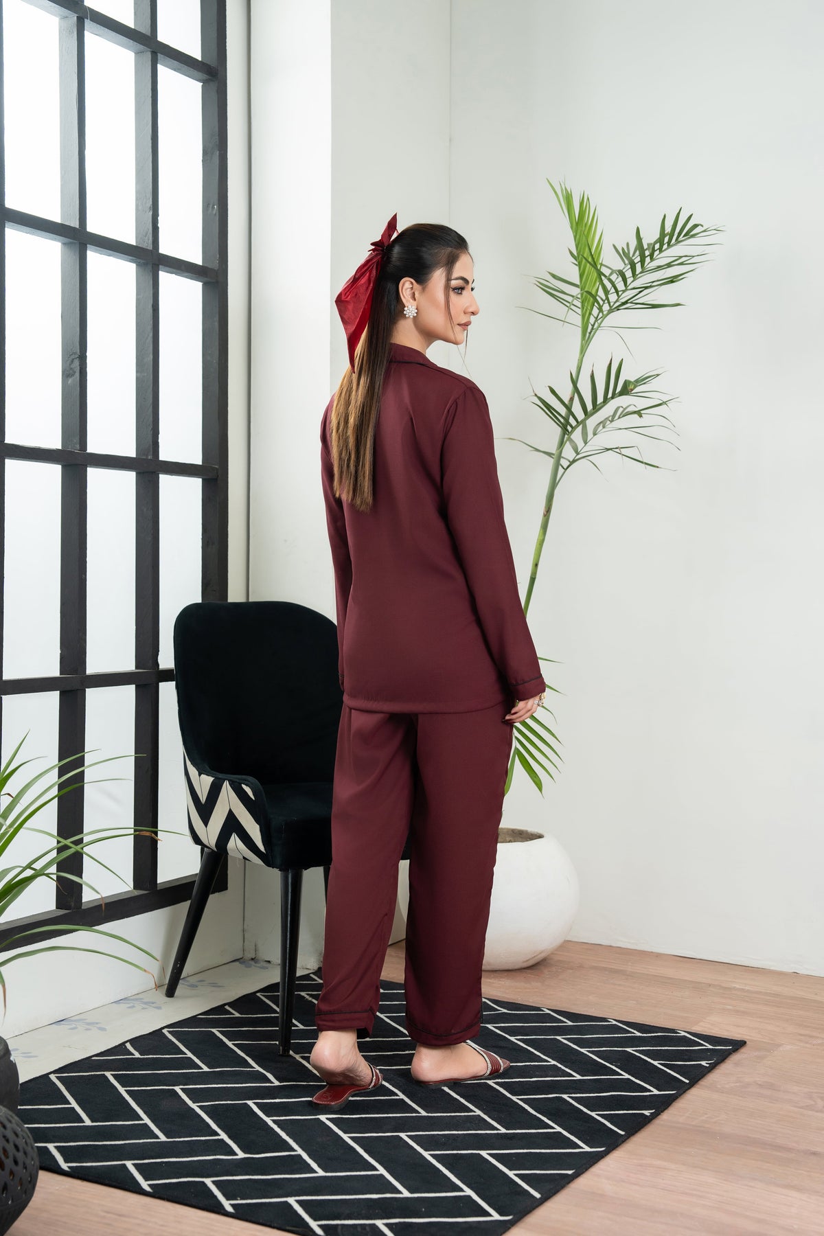 Plain Maroon Silk PJ - SPJ35