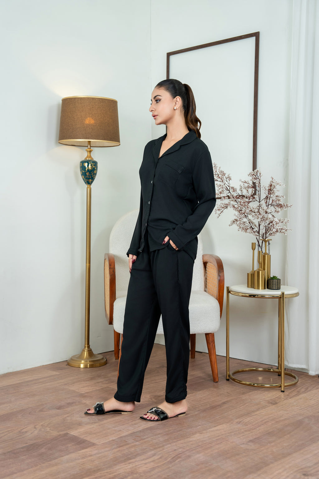 Plain Black Silk PJ - SPJ45