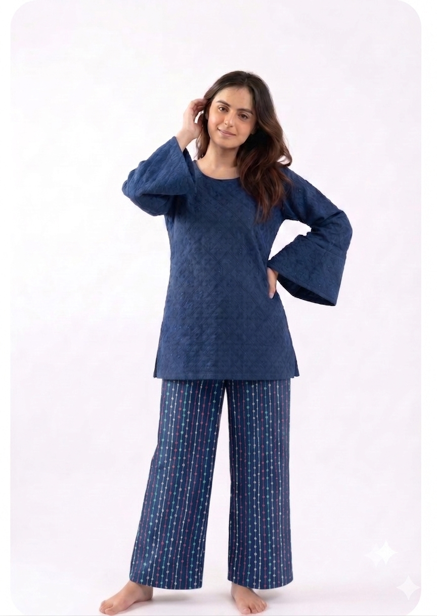 Blue Embroidered with Striped Trouser- CW105