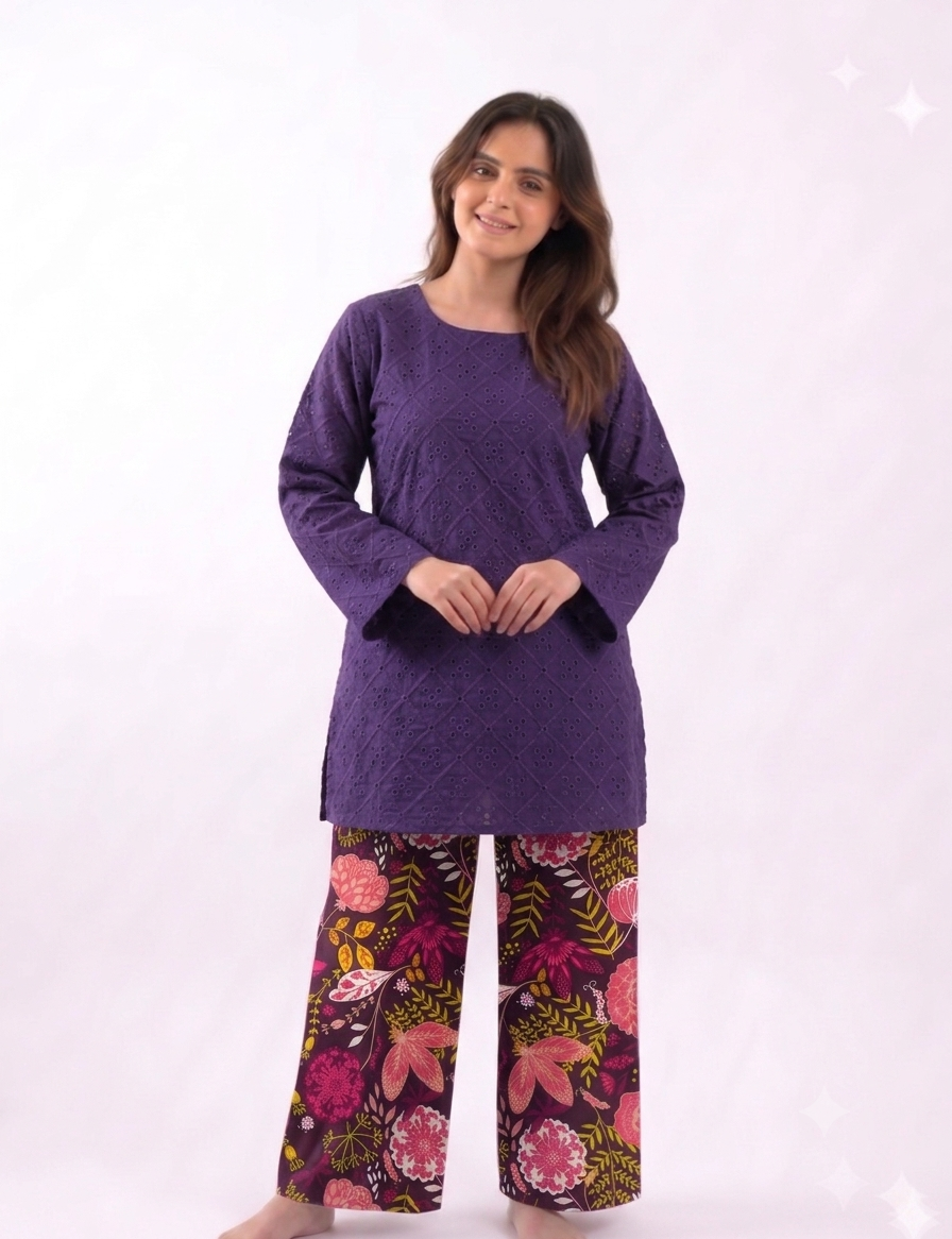 Purple Embroided with Floral Trouser- CW110
